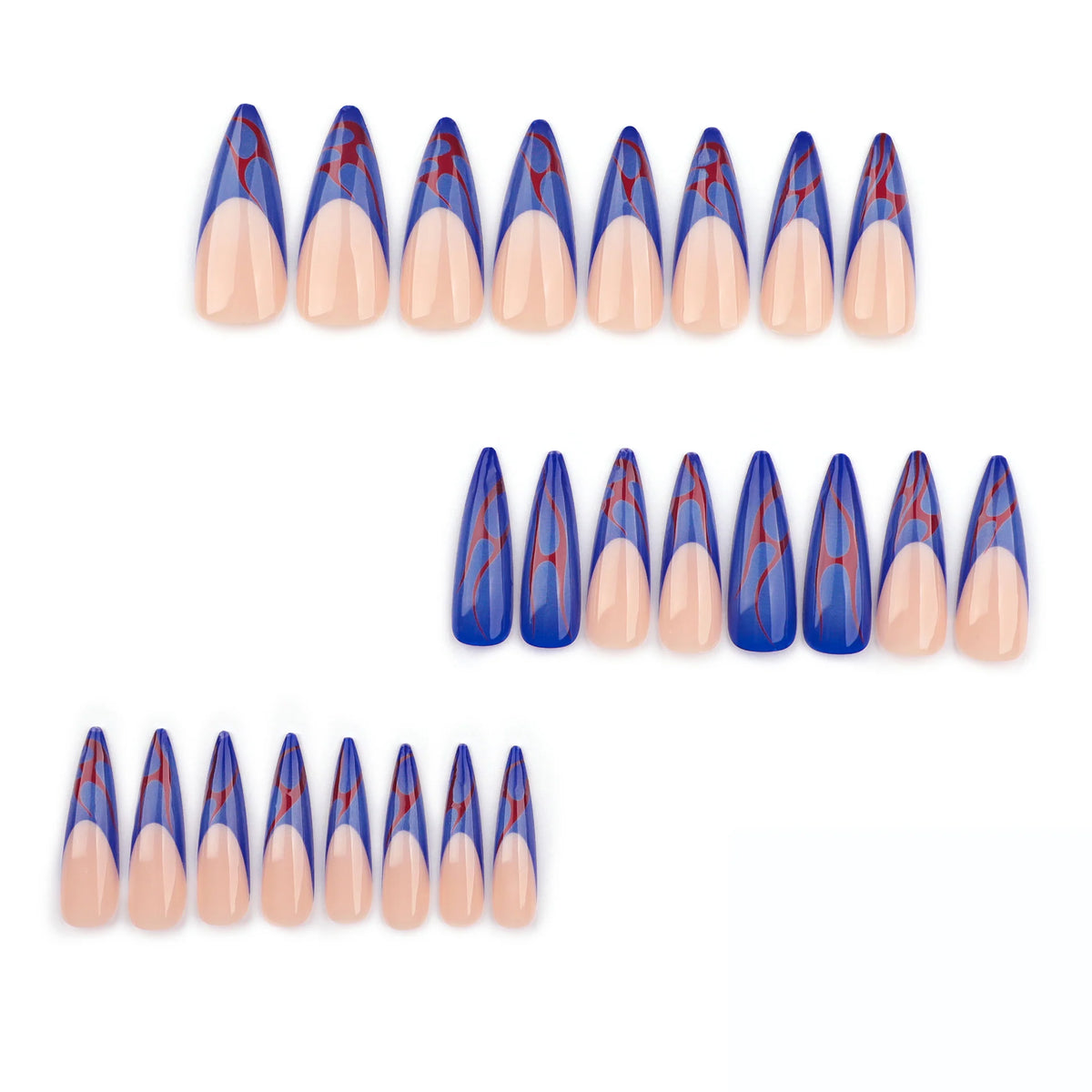 Stiletto Press-On Nails Blue & Red Accents Easy Apply