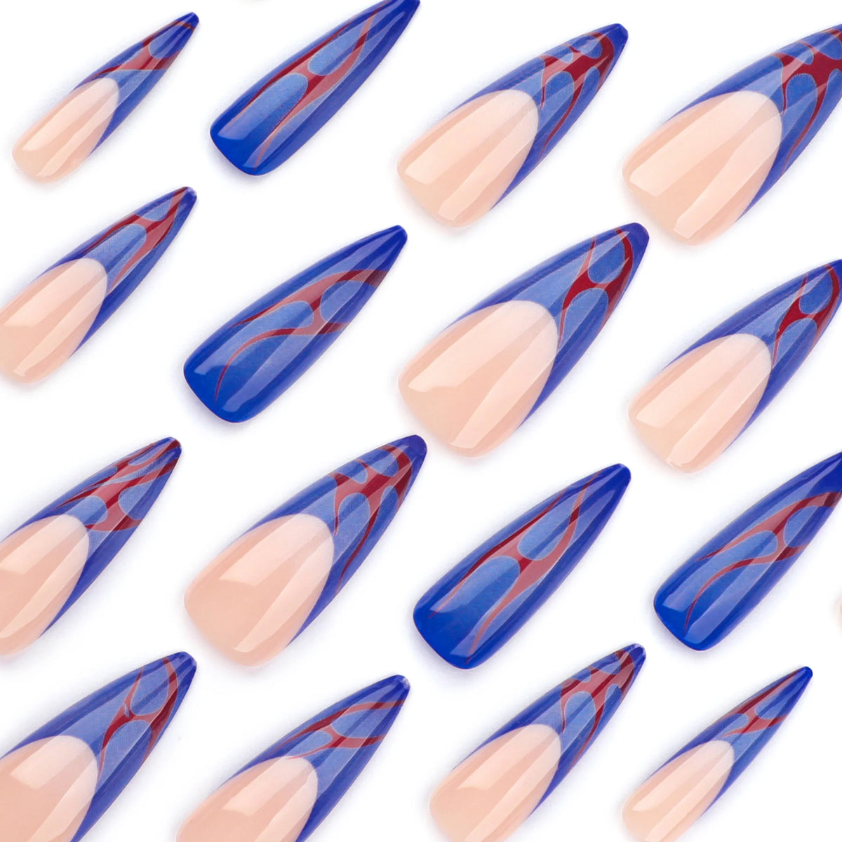 Stiletto Press-On Nails Blue & Red Accents Easy Apply