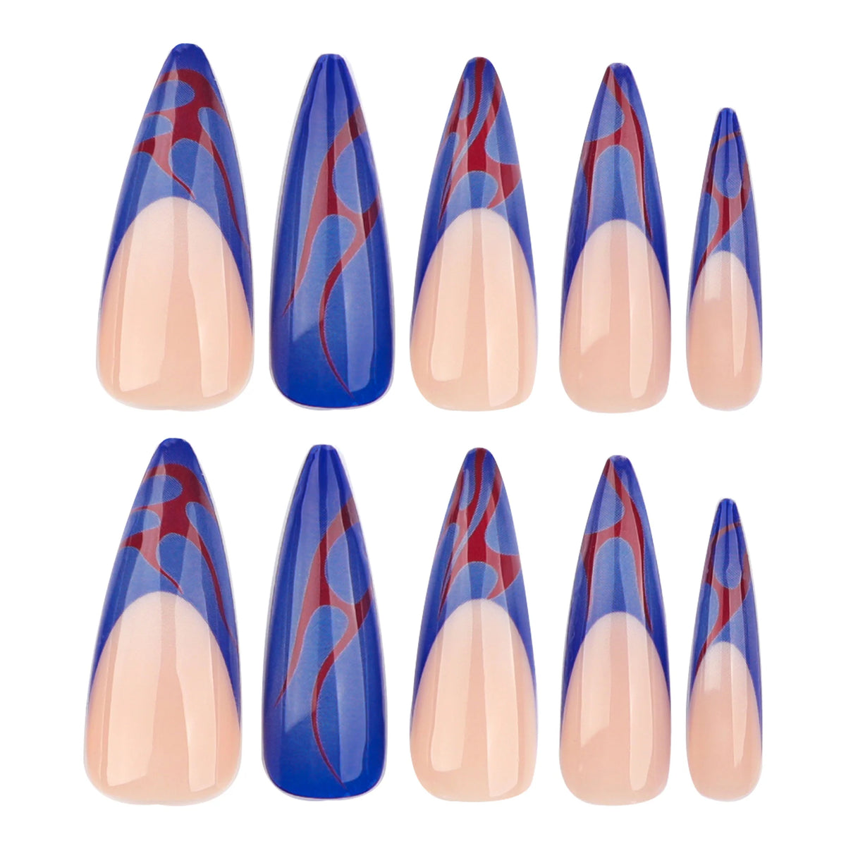 Stiletto Press-On Nails Blue & Red Accents Easy Apply