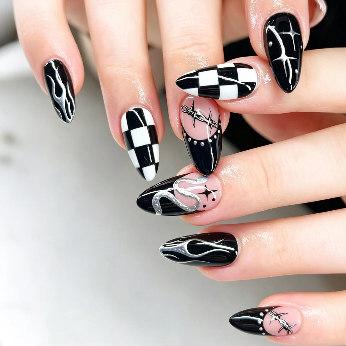 Stiletto Press-On Nails Checkerboard & Flame Pre-Applied Adhesive