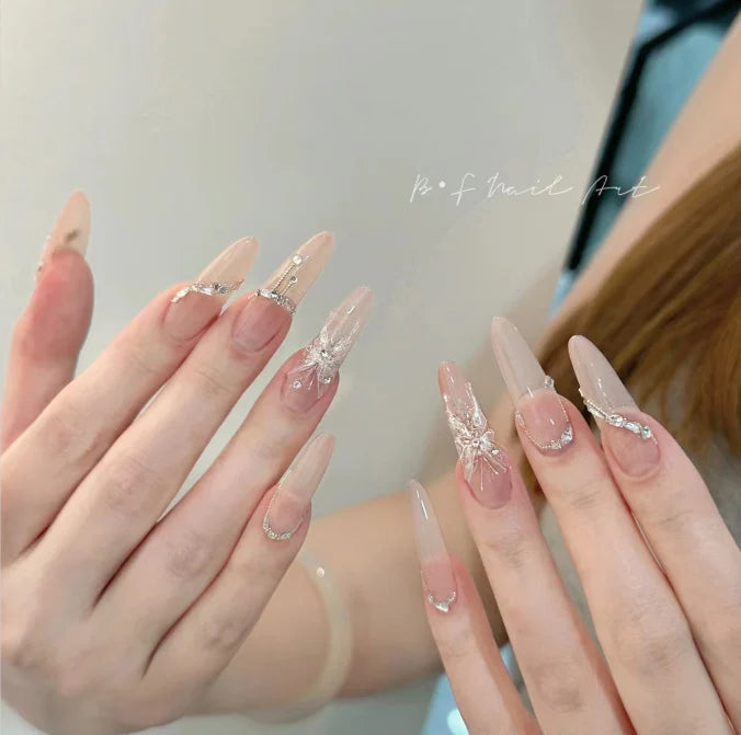 Stiletto Press-On Nails Floral Embellished Adhesive Backing