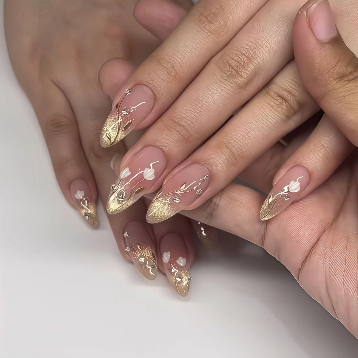 Stiletto Press-On Nails Floral & Gold Accents Jelly Gel Finish
