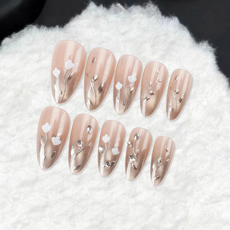 Stiletto Press-On Nails Floral & Gold Accents Jelly Gel Finish
