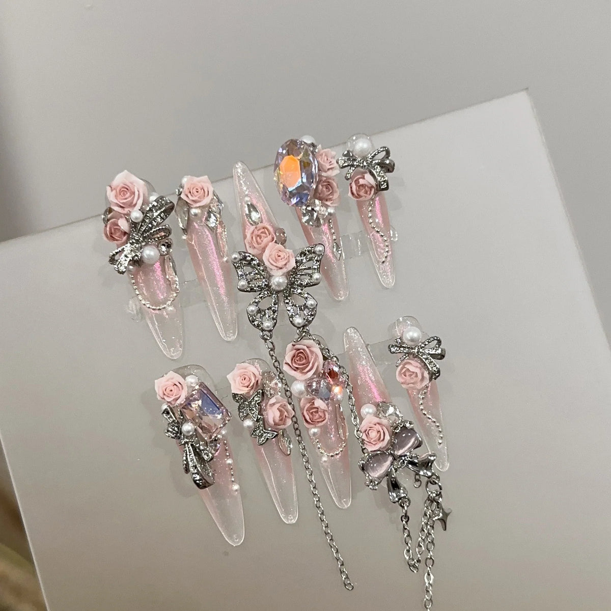 Stiletto Press-On Nails Floral & Pearl Embellished Quick Apply
