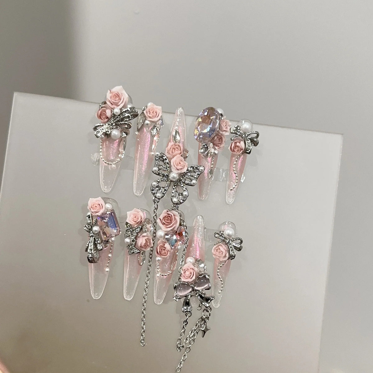 Stiletto Press-On Nails Floral & Pearl Embellished Quick Apply
