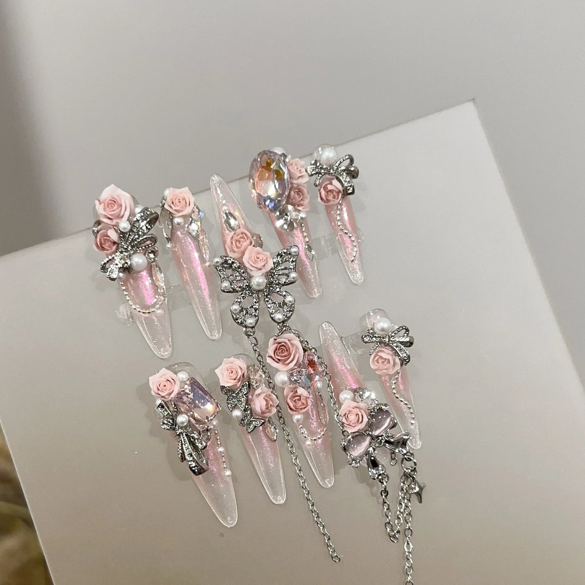 Stiletto Press-On Nails Floral & Pearl Embellished Quick Apply