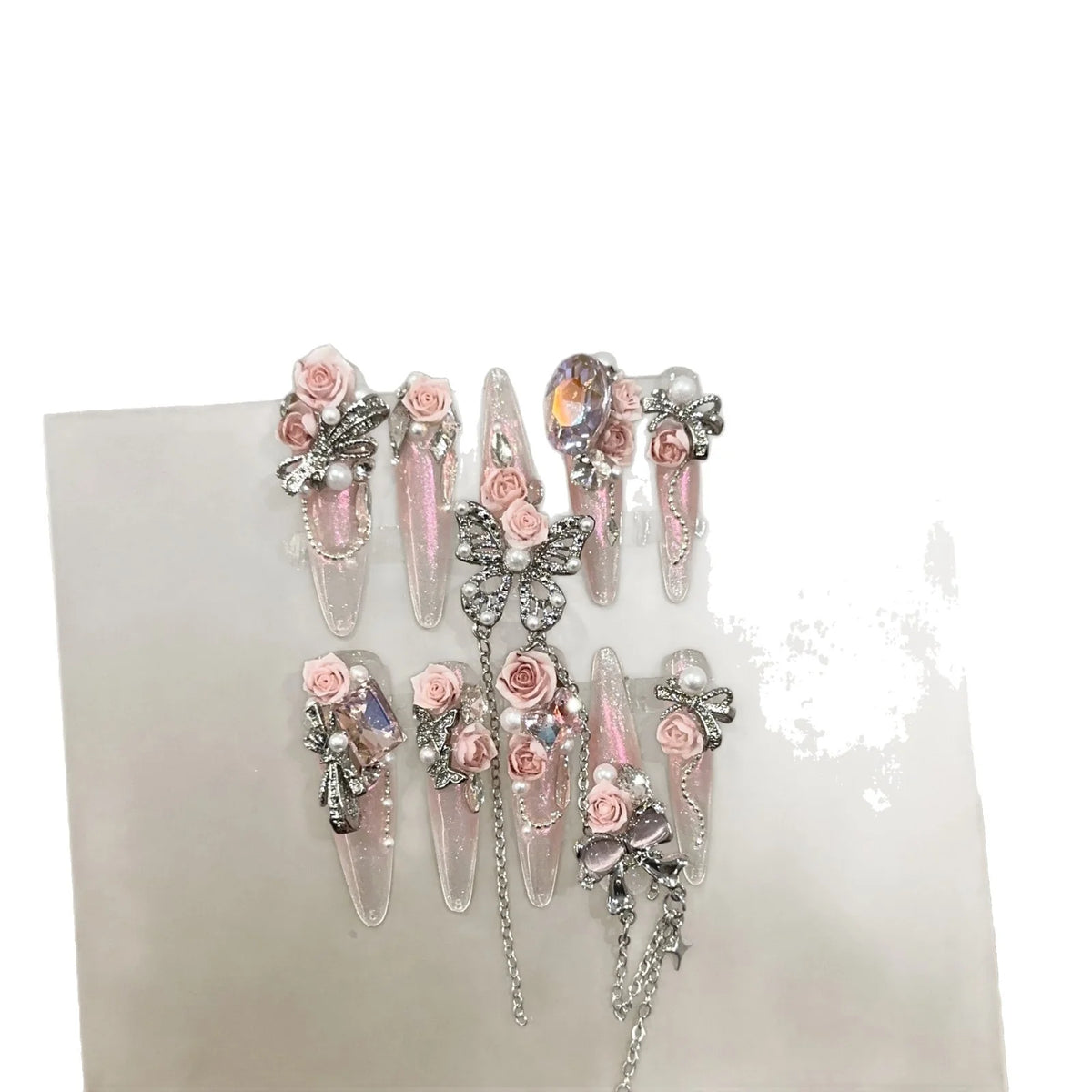 Stiletto Press-On Nails Floral & Pearl Embellished Quick Apply