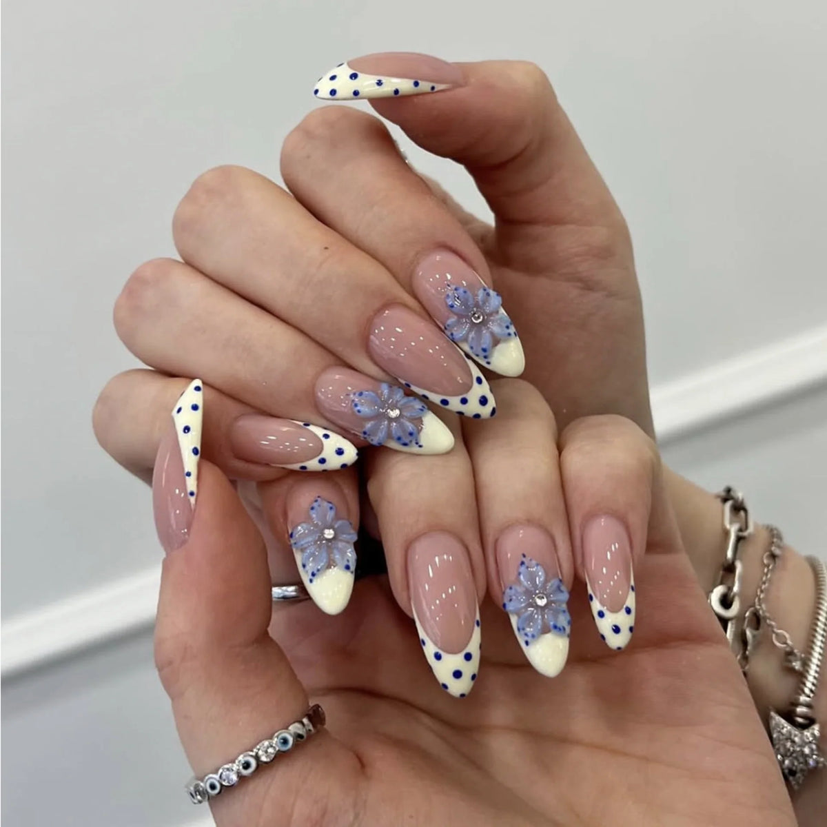 Stiletto Press-On Nails Floral Pre-Decorated Dark Blue