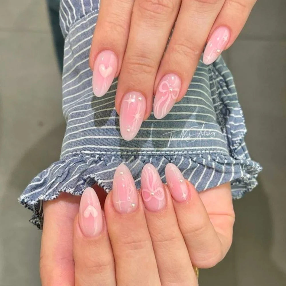 Stiletto Press-On Nails Gel Finish Heart & Bow Embellishments