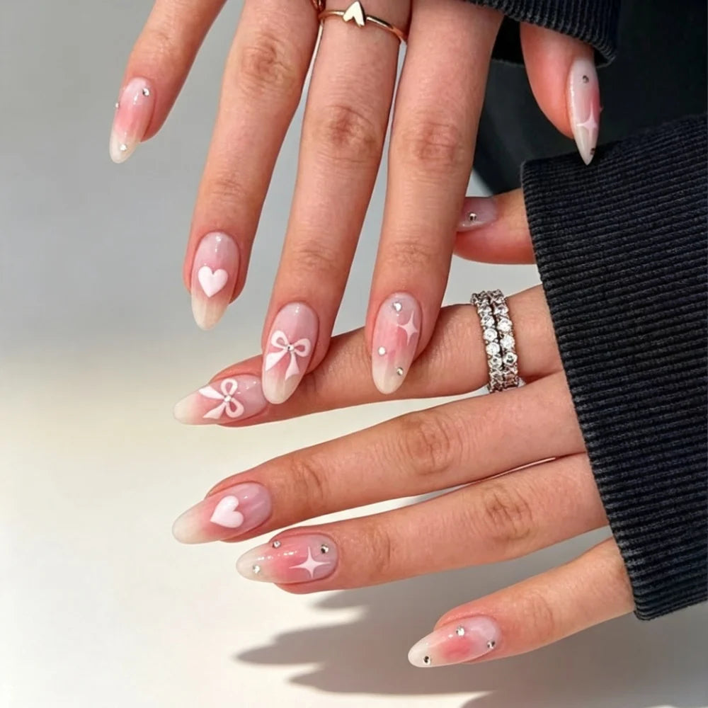Stiletto Press-On Nails Gel Finish Heart & Bow Embellishments