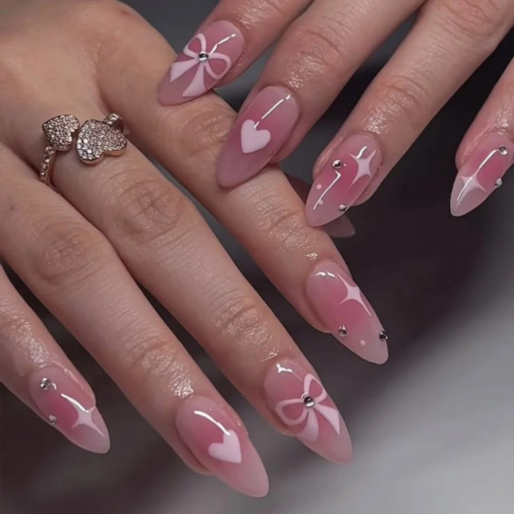 Stiletto Press-On Nails Gel Finish Heart & Bow Embellishments