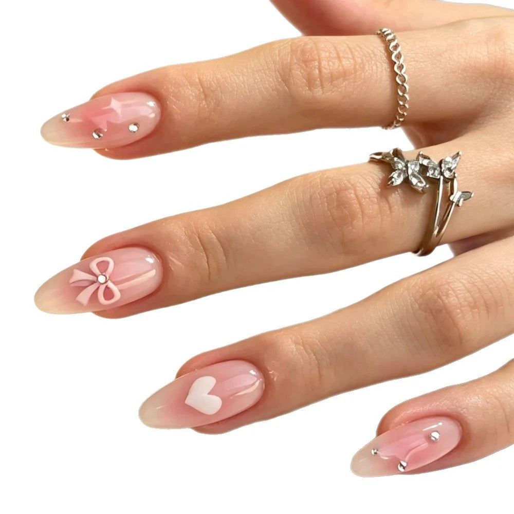 Stiletto Press-On Nails Gel Finish Heart & Bow Embellishments