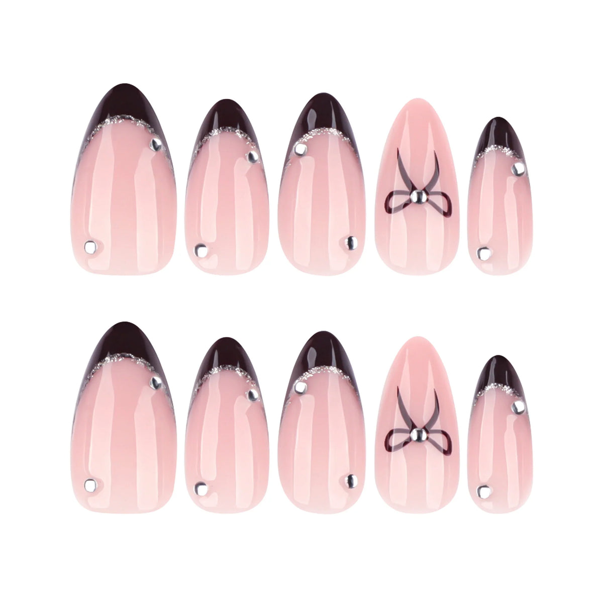 Stiletto Press-On Nails Nude Bow & Glitter Stones