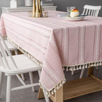 Striped Cotton-Linen Embroidered Tablecloth (Tassel Lace)