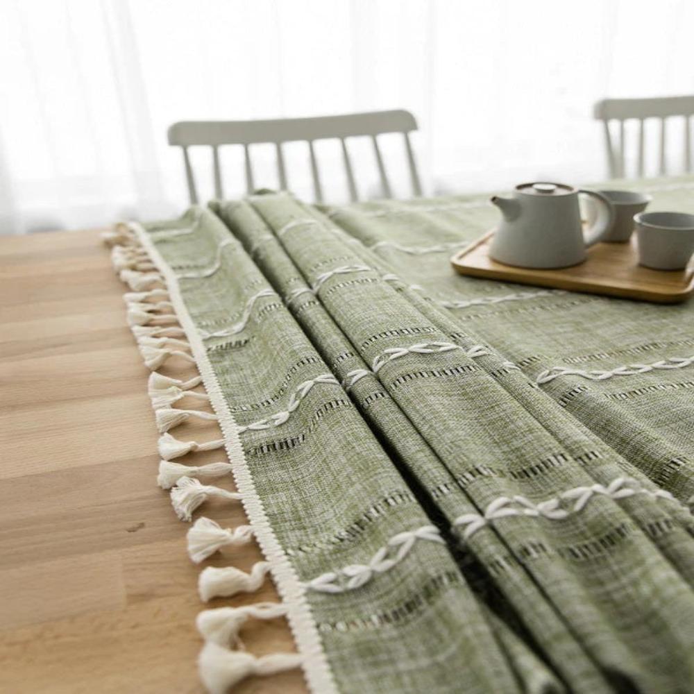 Striped Cotton-Linen Embroidered Tablecloth (Tassel Lace)