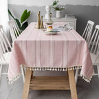 Striped Cotton-Linen Embroidered Tablecloth (Tassel Lace)