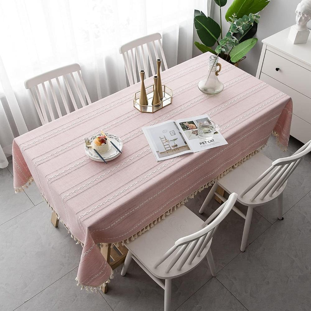 Striped Cotton-Linen Embroidered Tablecloth (Tassel Lace)