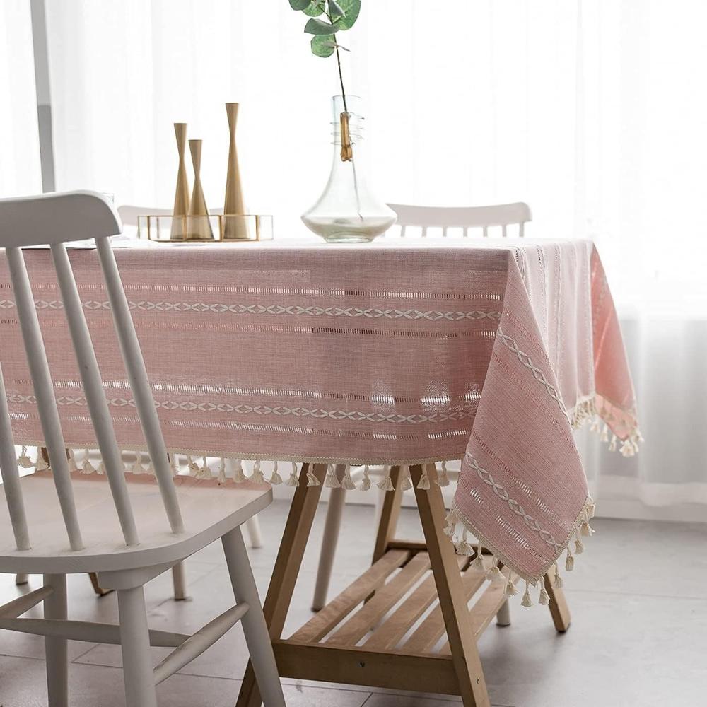 Striped Cotton-Linen Embroidered Tablecloth (Tassel Lace)