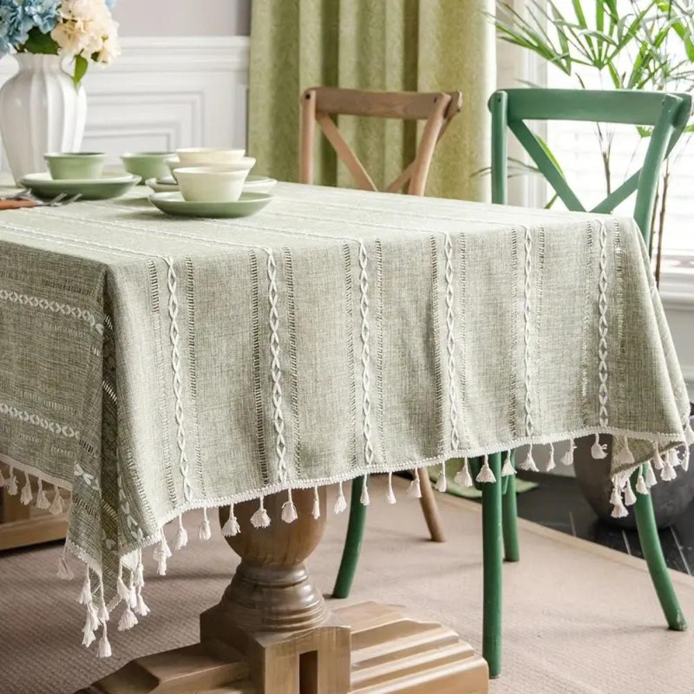 Striped Cotton-Linen Embroidered Tablecloth (Tassel Lace)