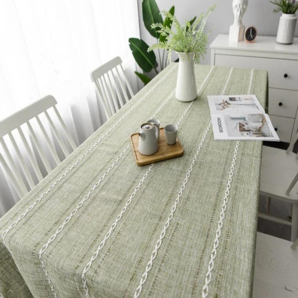 Striped Cotton-Linen Embroidered Tablecloth (Tassel Lace)
