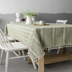 Striped Cotton-Linen Embroidered Tablecloth (Tassel Lace)