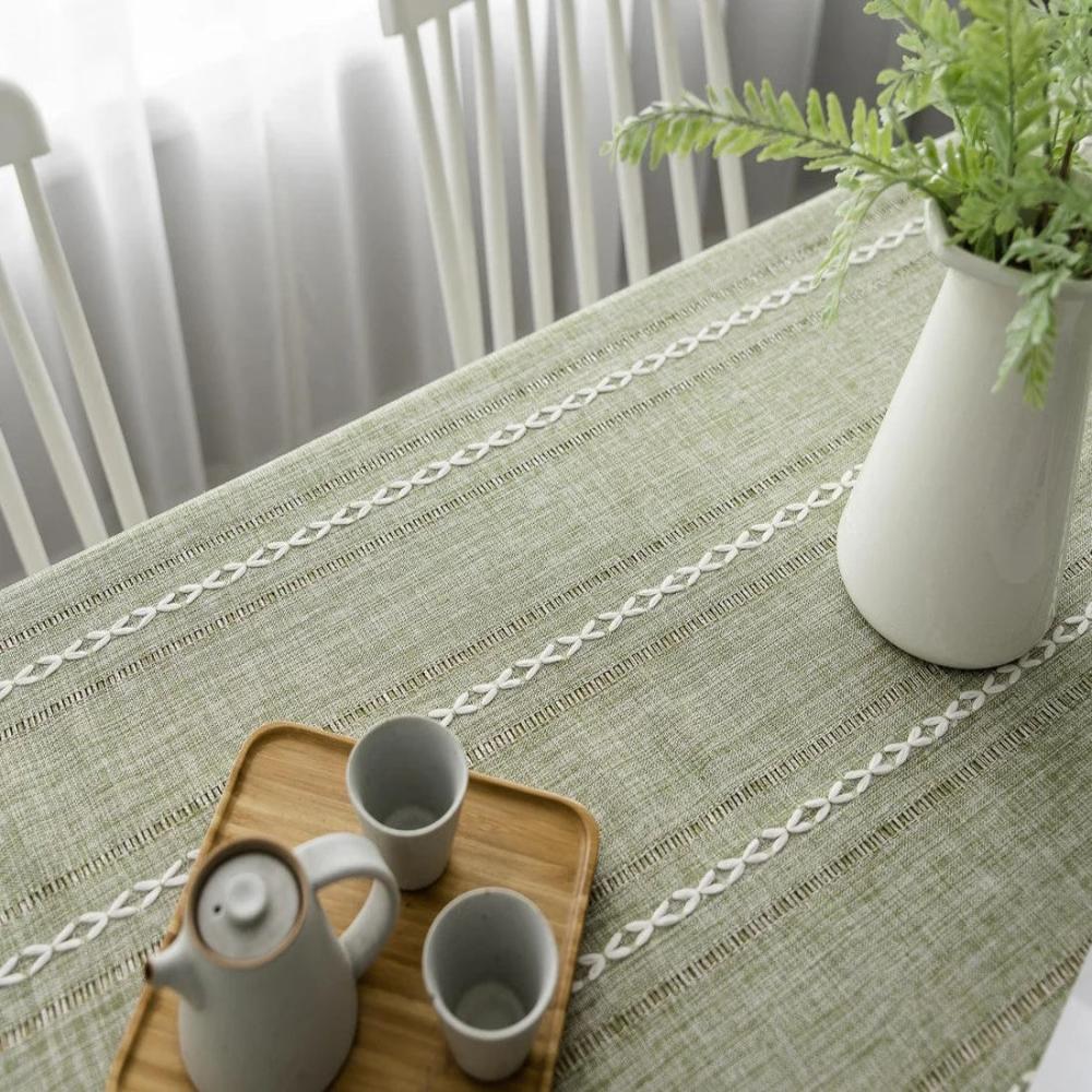 Striped Cotton-Linen Embroidered Tablecloth (Tassel Lace)