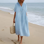 Summer Dress Breathable Polyester V-Neck & A-Line Side Pockets