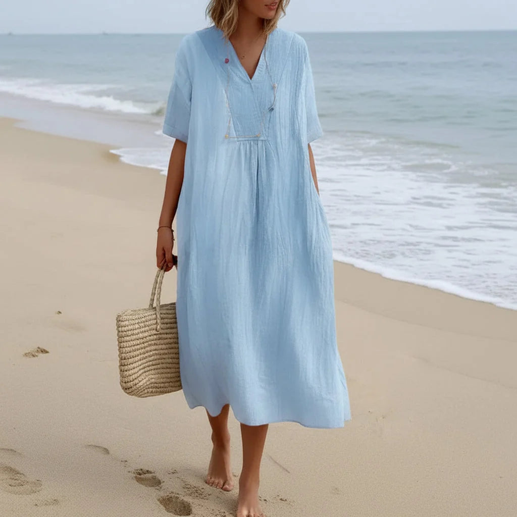 Summer Dress Breathable Polyester V-Neck & A-Line Side Pockets