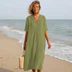 Summer Dress Breathable Polyester V-Neck & A-Line Side Pockets