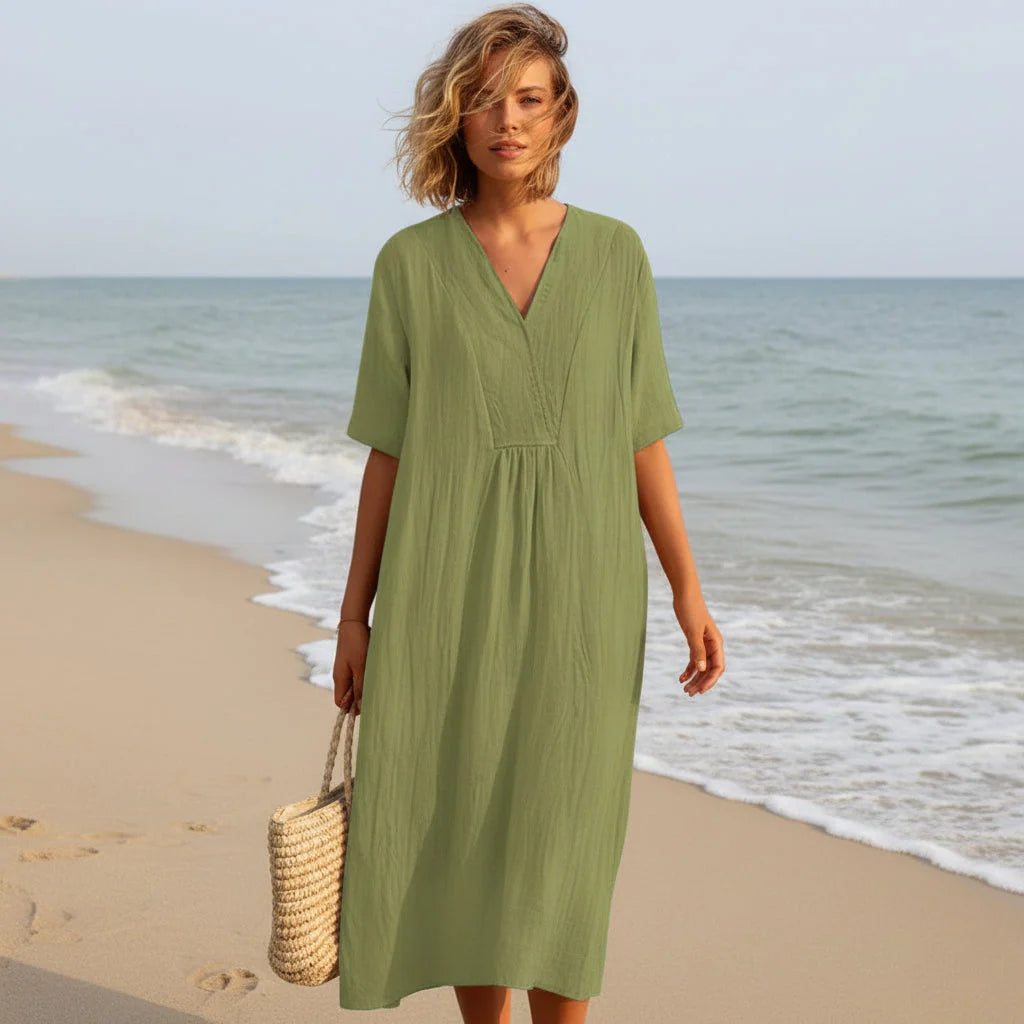Summer Dress Breathable Polyester V-Neck & A-Line Side Pockets