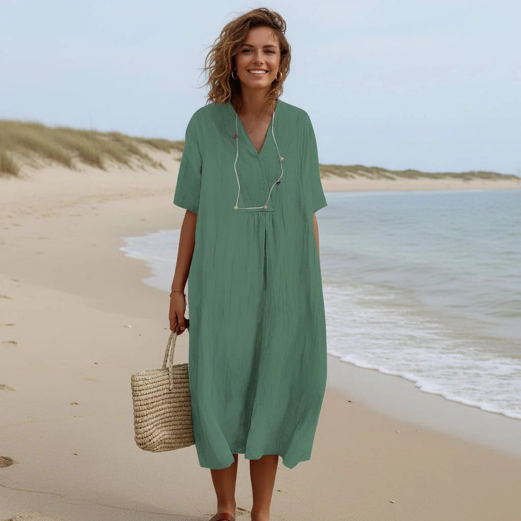 Summer Dress Breathable Polyester V-Neck & A-Line Side Pockets