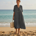 Summer Dress Breathable Polyester V-Neck & A-Line Side Pockets