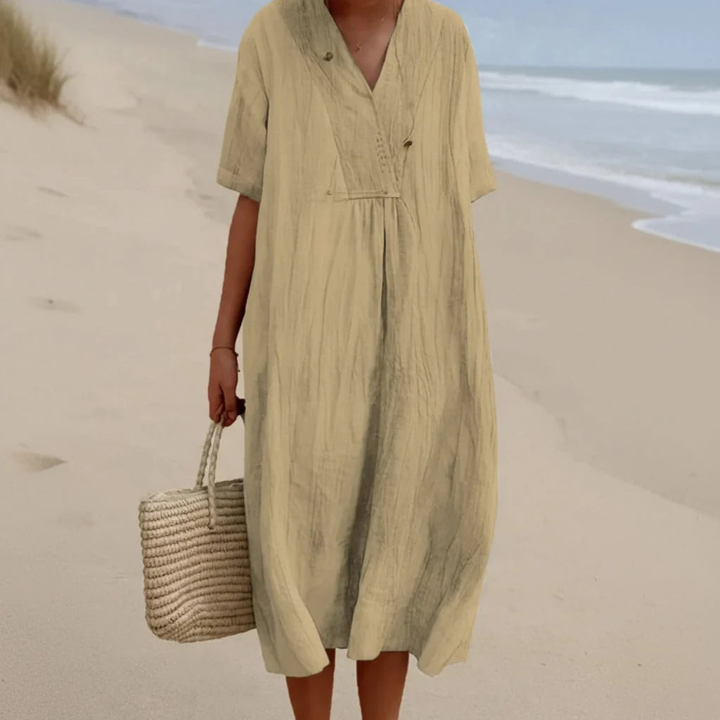 Summer Dress Breathable Polyester V-Neck & A-Line Side Pockets