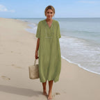 Summer Dress Breathable Polyester V-Neck & A-Line Side Pockets
