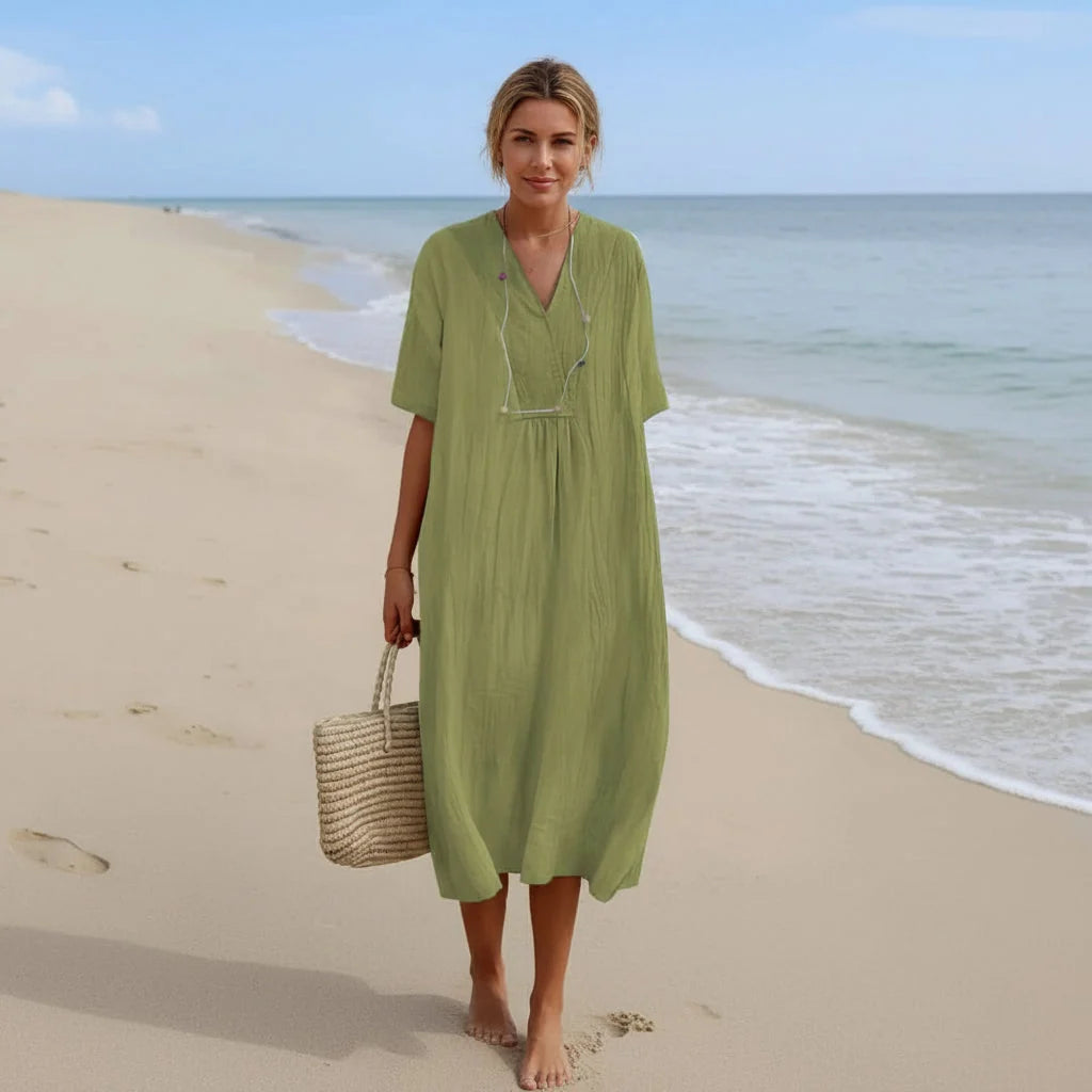 Summer Dress Breathable Polyester V-Neck & A-Line Side Pockets
