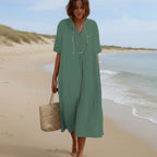 Summer Dress Breathable Polyester V-Neck & A-Line Side Pockets