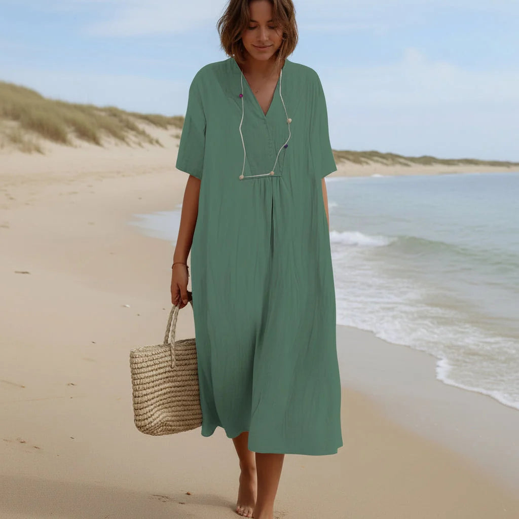 Summer Dress Breathable Polyester V-Neck & A-Line Side Pockets