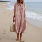 Summer Dress Breathable Polyester V-Neck & A-Line Side Pockets