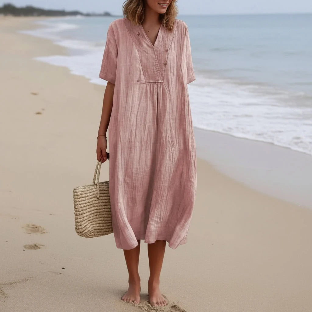 Summer Dress Breathable Polyester V-Neck & A-Line Side Pockets