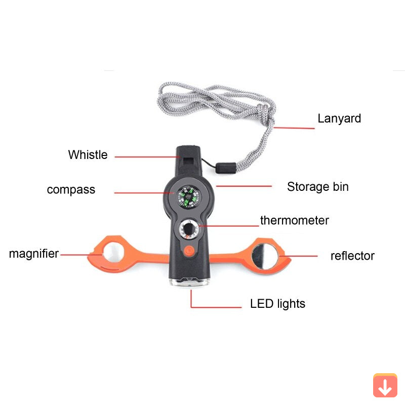 Survival Multi-Tool 7-In-1 Whistle Compass LED