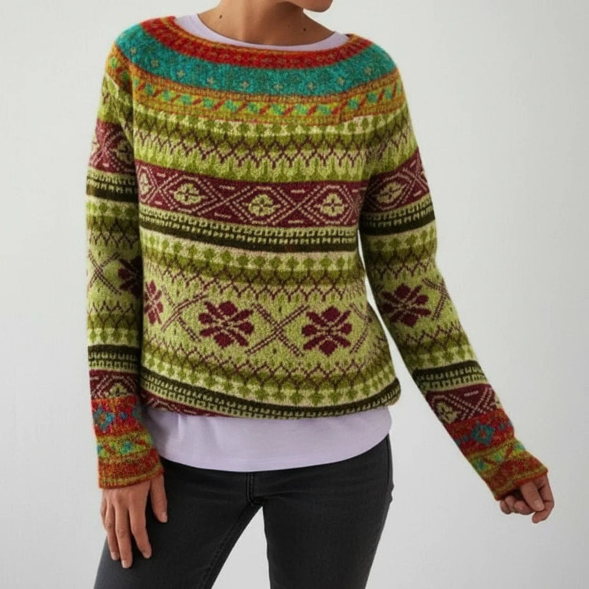 Sweater Fair Isle Knit Crew Neck & Relaxed Fit
