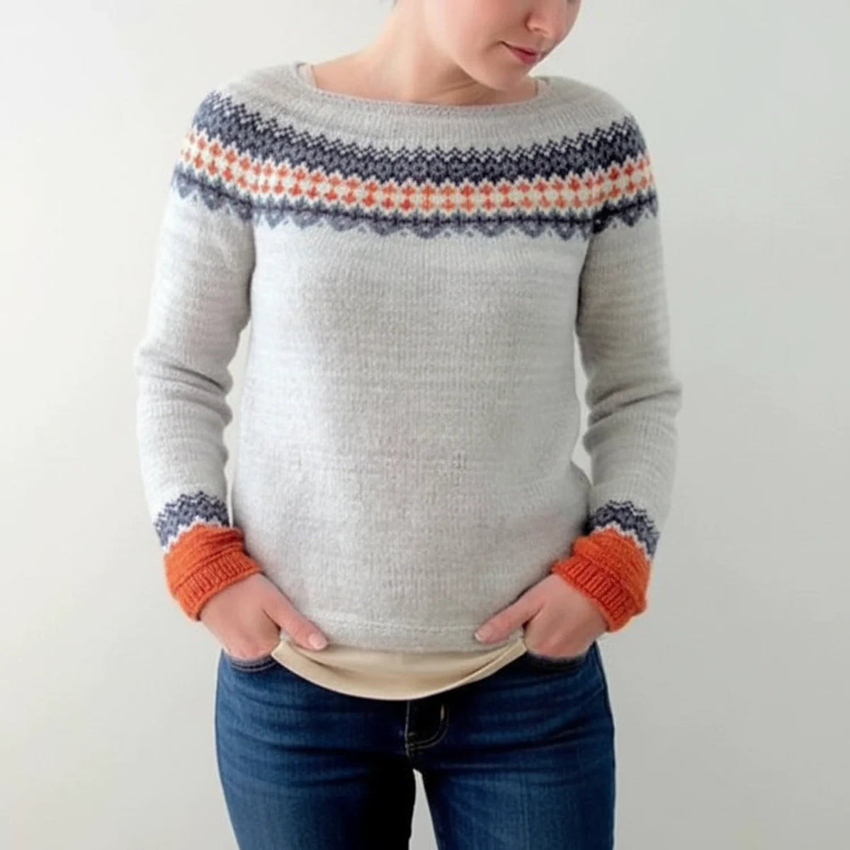 Sweater Fair Isle Knit Crew Neck & Relaxed Fit