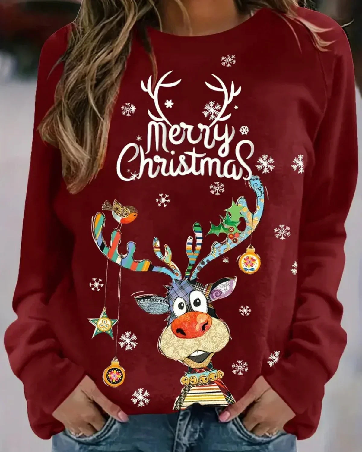 Sweater Festive Reindeer Print Soft Knit