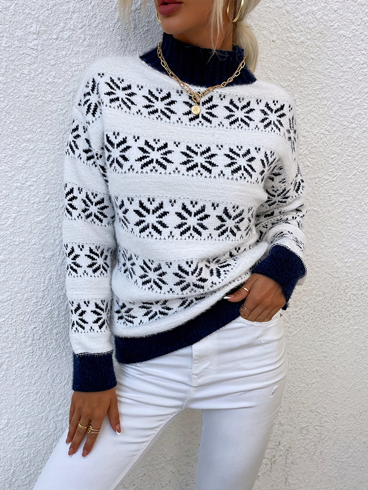 Sweater Mock Neck Soft & Warm Christmas Pattern