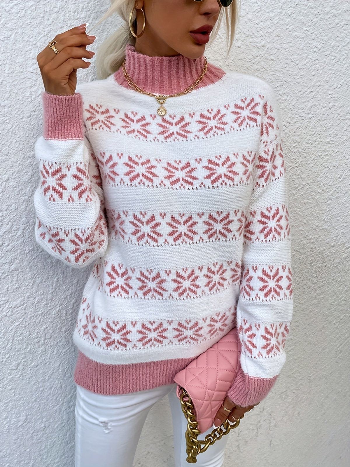 Sweater Mock Neck Soft & Warm Christmas Pattern