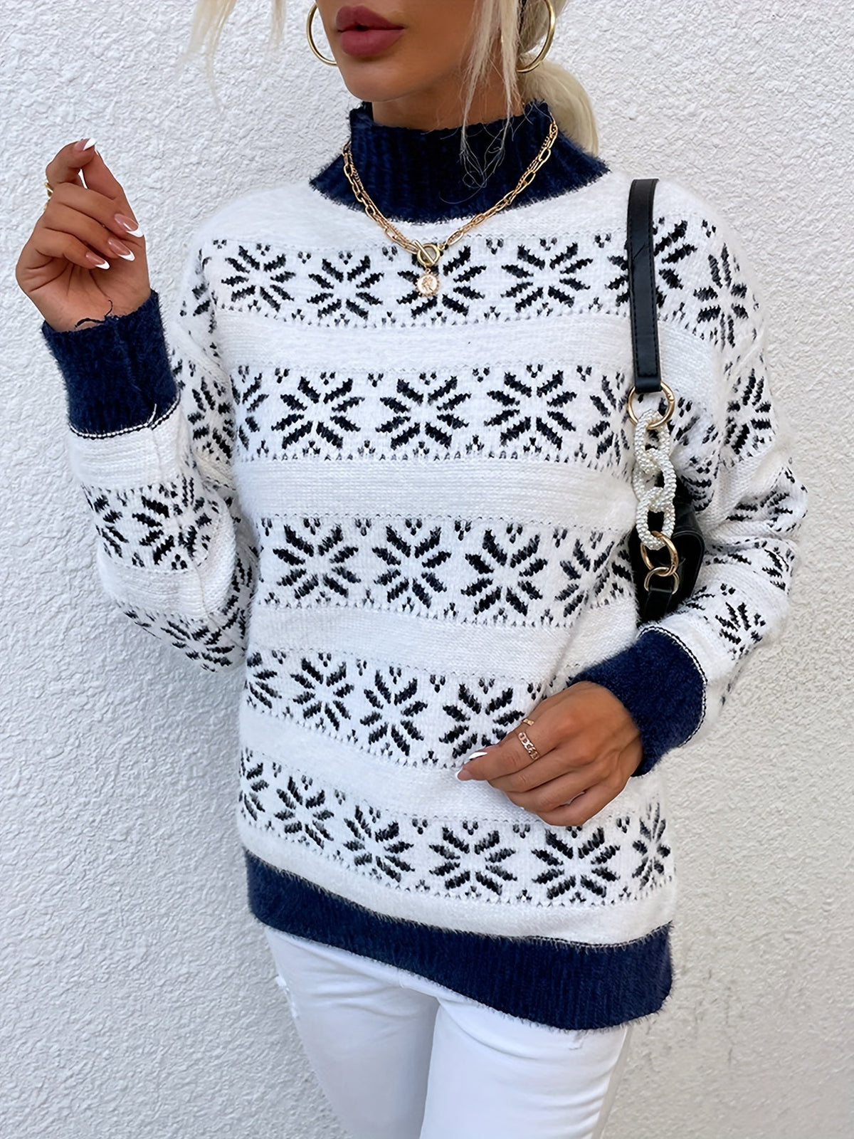 Sweater Mock Neck Soft & Warm Christmas Pattern