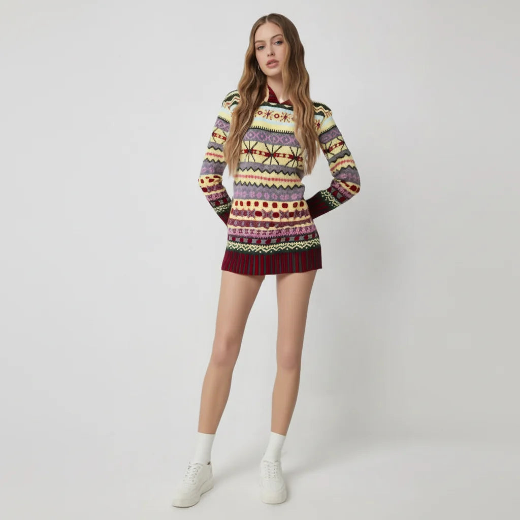 Sweater Norwegian Pattern Cotton-Blend Loose Fit