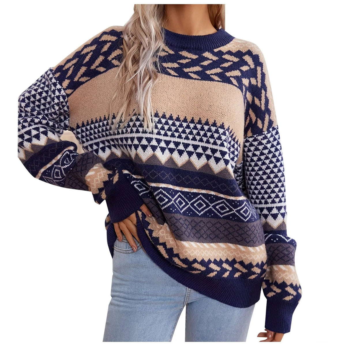 Sweater Retro Contrast Design Thick Knit