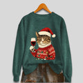 Sweatshirt Long Sleeve Soft Knit Cat & Santa Graphic