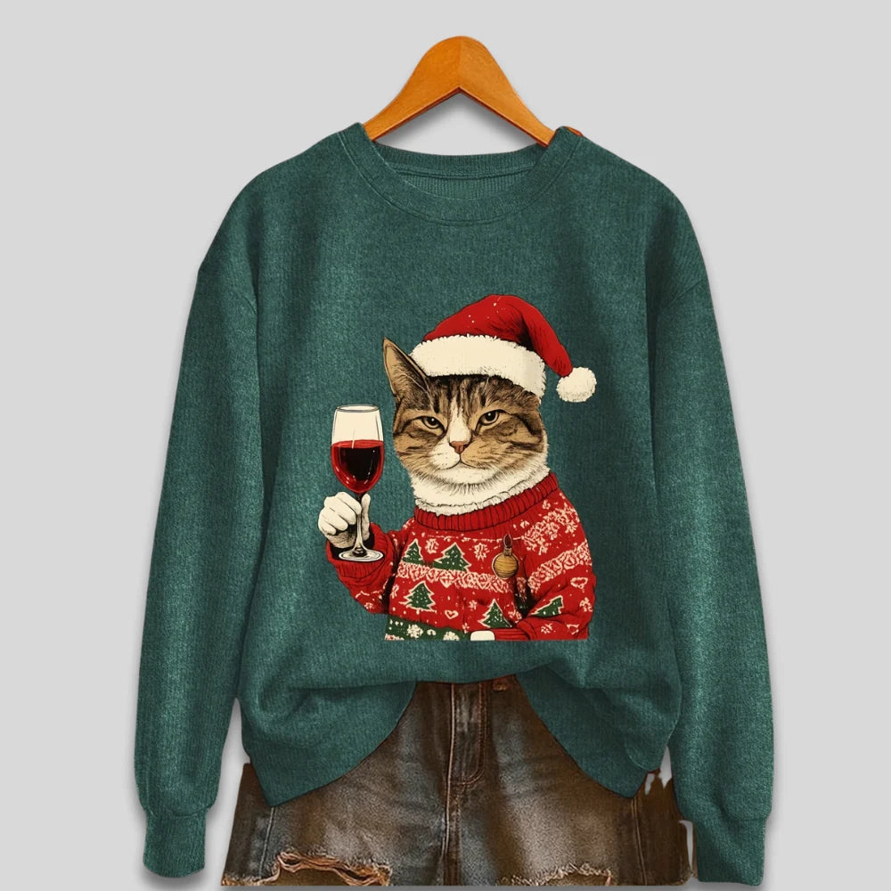 Sweatshirt Long Sleeve Soft Knit Cat & Santa Graphic